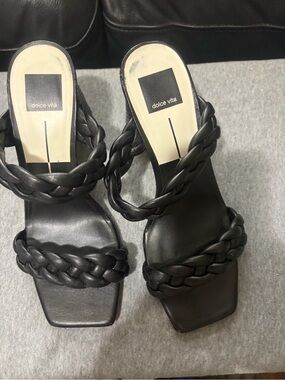 Dolce Vita Black Braided Double-Strap Block Heel Sandals